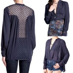 FREE PEOPLE The Best Blouse Navy Crochet Long Sleeve Top Medium New